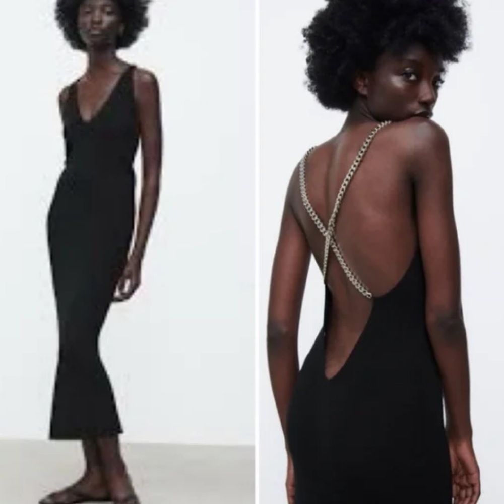 Zara Black Knit Midi Dress with Chains